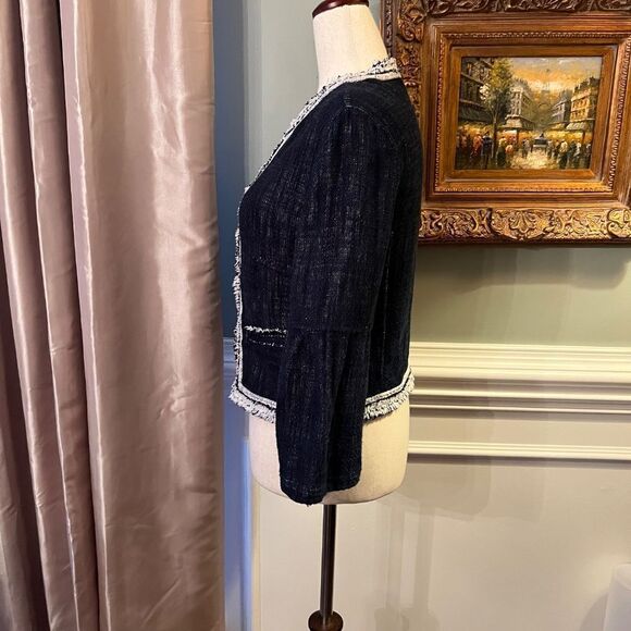 EUC Women's Elie Tahari Navy White Linen Blend Woven Fringe Jacket Size SMALL - Picture 7 of 10